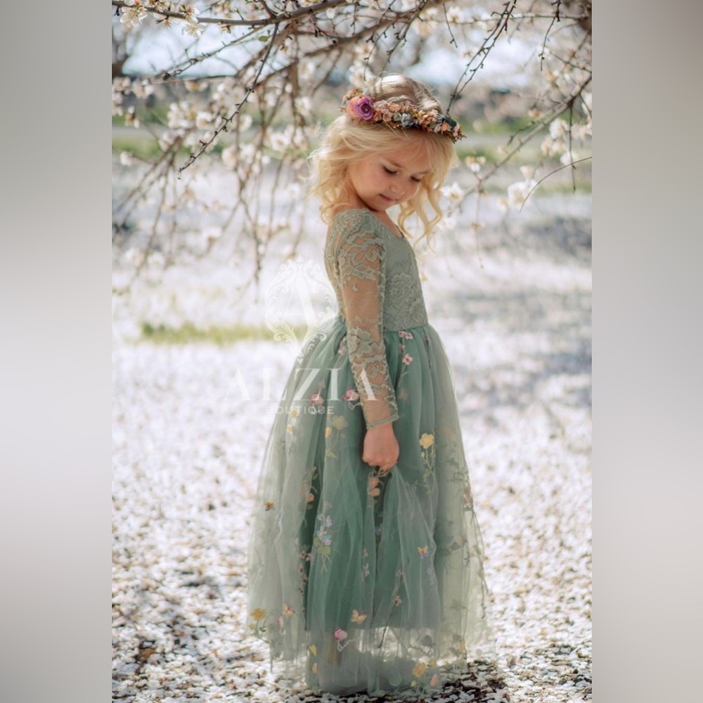 Elegant Sage Green Lace Flower Girl Dress | Toddler Size 18-24 Months